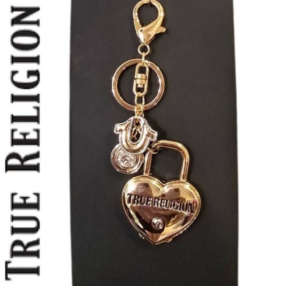 True Religion Gold Logo Heart Lock & Horseshoe Keychain/Bag Charm - Picture 1 of 4